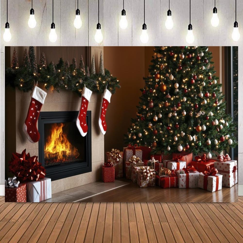 Christmas Indoor Photography Background Fireplace Gifts Socks Xmas Tree Interior Party Birthday Home Decor Photo Backdrop Studio11