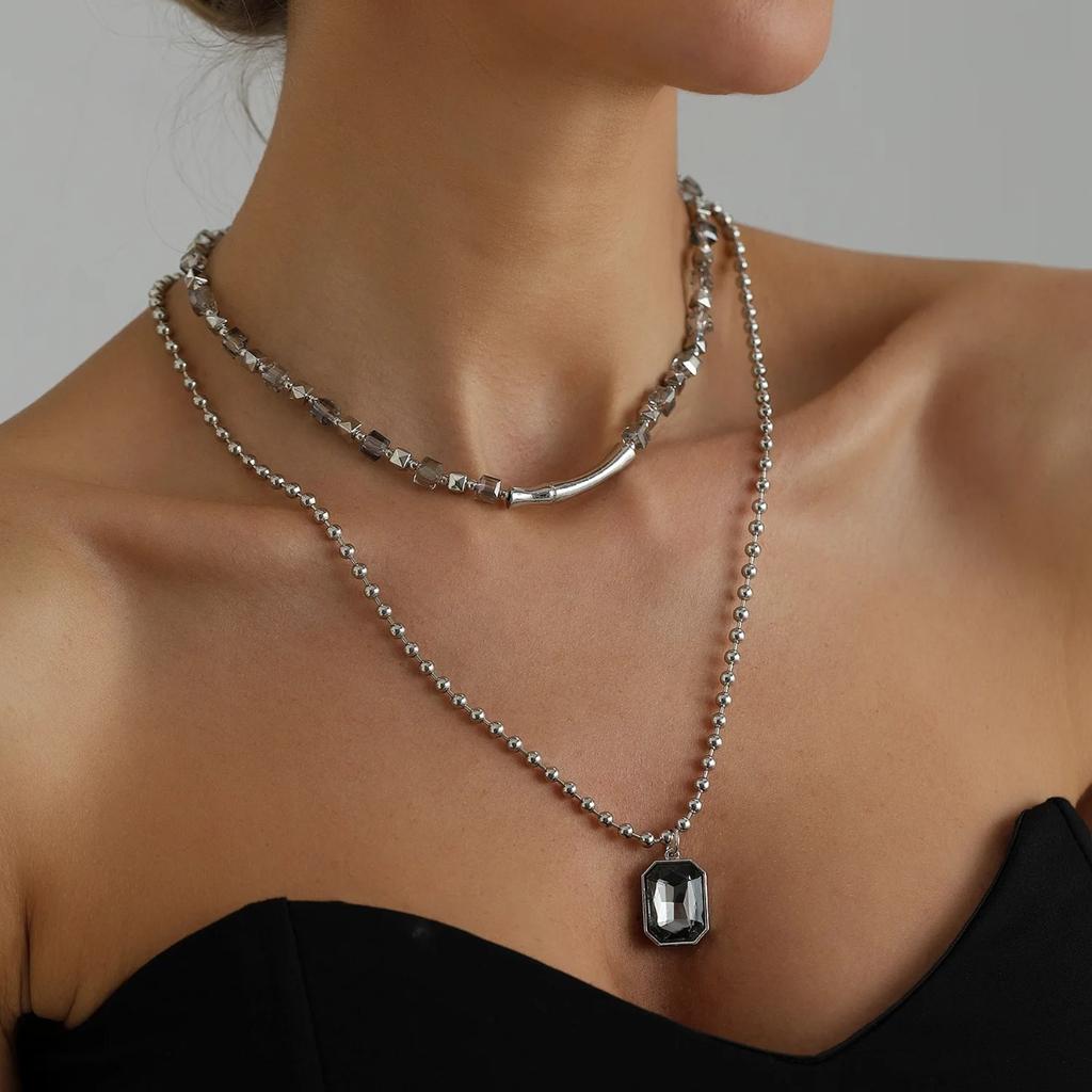 Vintage Women's Double-layer Collarbone Chain Necklace Bracelet, Black Acrylic Crystal Gemstone Necklace, Elegant Party Jewelry
