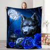 Mystic Wolf and Blue Rose Moonlight Print Throw Blanket Cozy Plush Decorative Bed Cover Boho Fantasy Aesthetic Gift for Bedroom