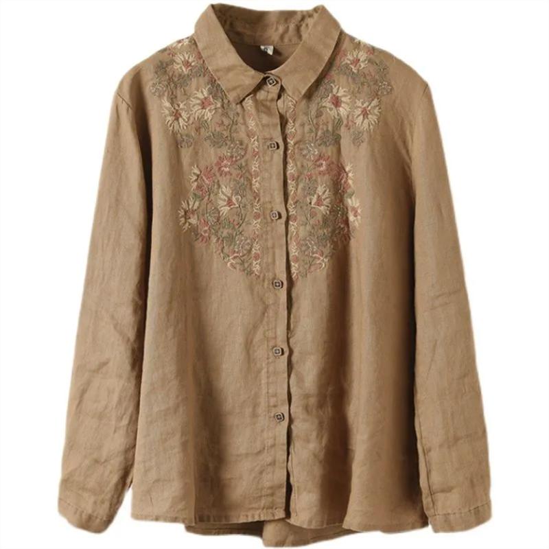 Retro Blouses For Women National Shirt Cotton Linen Shirt Loose Embroidered Blous Laple Long Sleeve Cardigan Female Shirts