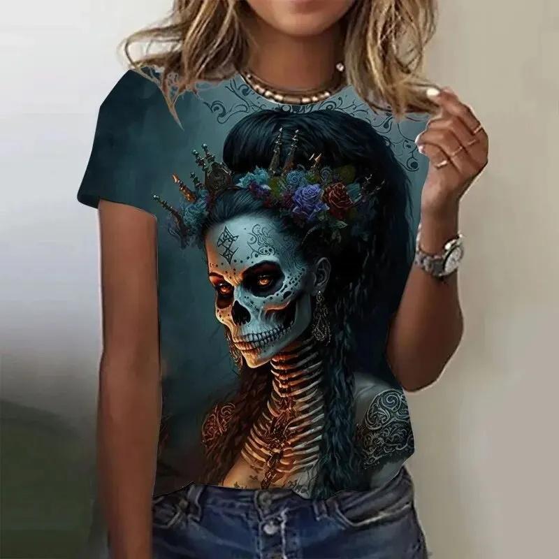 Sommer Rundhals 3D Rosen Totenkopf Muster Bedrucktes Top Modische Lässige Kurzarm Damen T-Shirts
