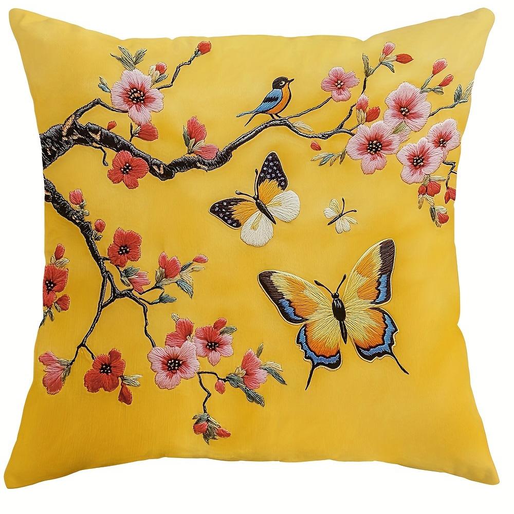 Housse de coussin 3D exquise brodée imprimée, fleur jaune, housse de coussin pour canapé, chaise, imprimée oiseau et papillon