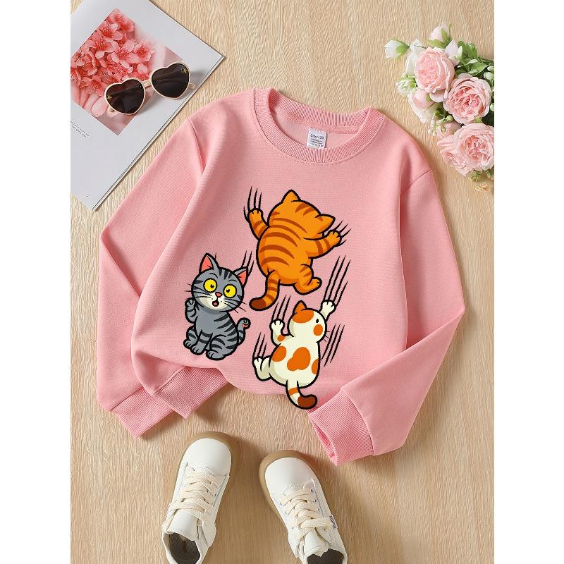 European sizes Girls Soft Crewneck Sweatshirt Cute Cartoon Cats Climbing Print Design, Casual All-Match, Ideal Holiday Present