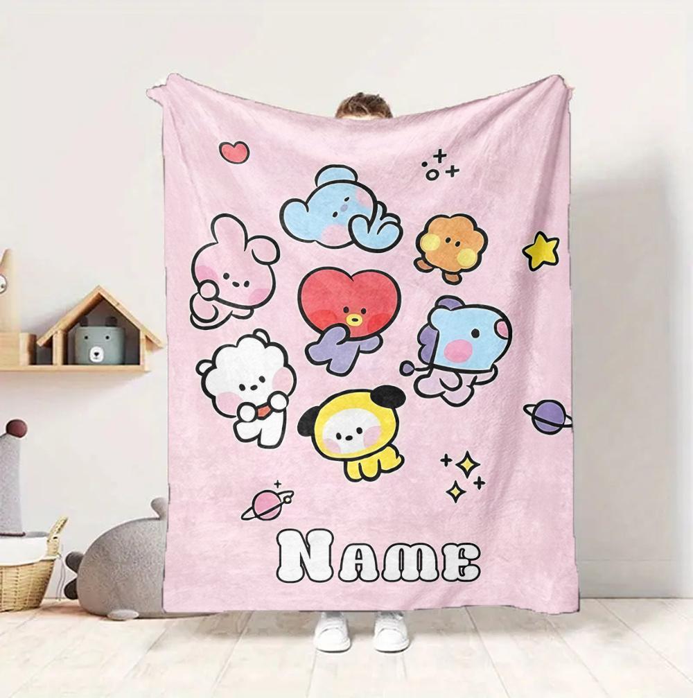 Custom Name Kawaii Friends Flannel Blanket Throw Blanket Soft Warm Sofa Bed Home Decor Unique Gift