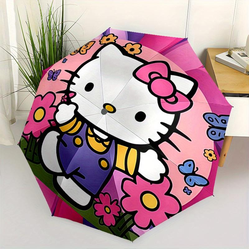 Hello Kitty,Floral Automatic Folding Umbrella-Simple 8-Rib Design, Bright Cartoon Pattern, Durable Iron Frame, Suitable For Travel, Outdoor,