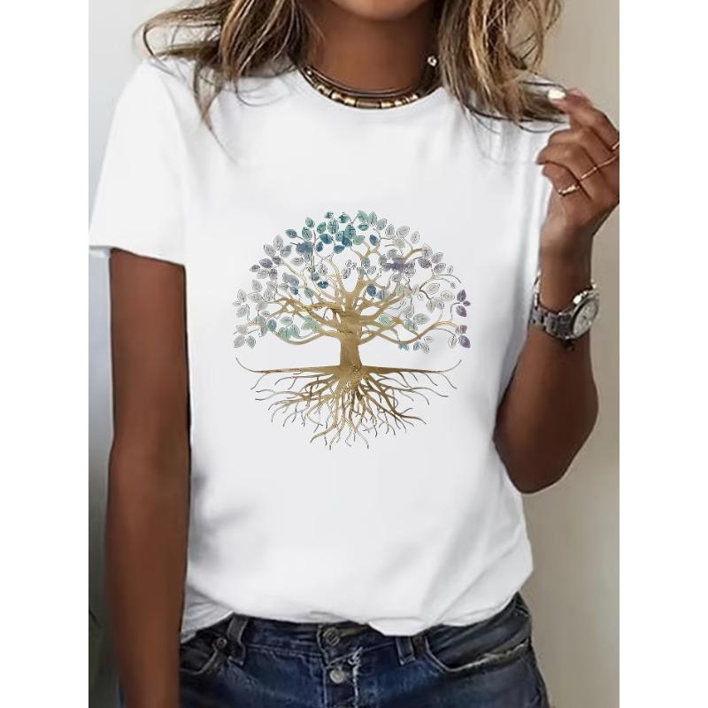 Damen-T-Shirt in Übergröße, Baum des Lebens-Print, lässig, Rundhals, Kurzarm