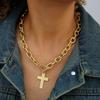 1PCS Hammered Cross Pendant Necklace Accents, Thick Gold Color Chain for Women & Men, Vintage Statement Jewelry