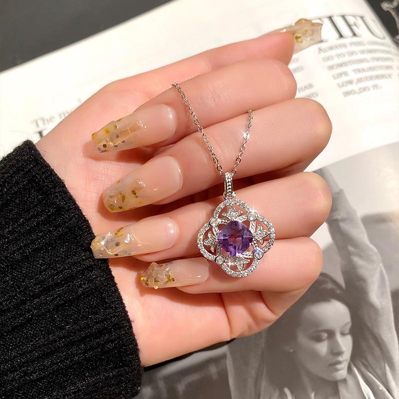 925 Sterling Silver Clover Pendant Necklace for Women, Natural Garnet/Amethyst/Citrine Crystal, Fashion Jewelry