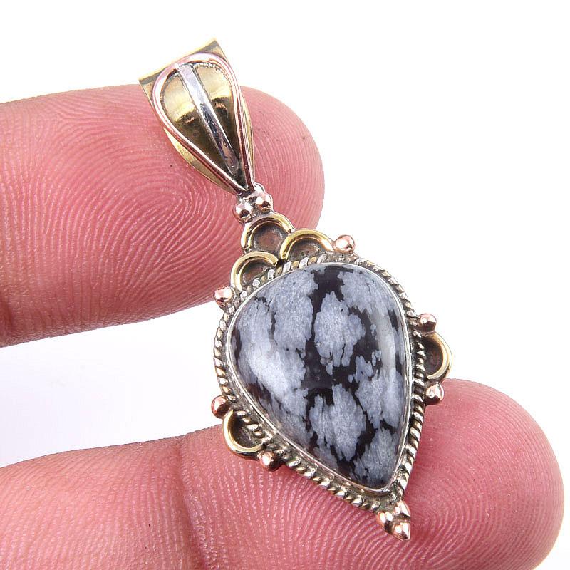 Natural Snowflake Obsidian Gemstone 925 Solid Silver Two Tone Pendant 1.50" E8a90