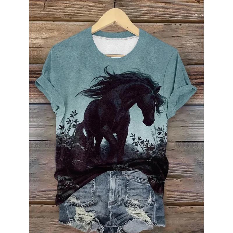 Fashion Animal Horse Print Short Sleeve Crew Neck Top Casual Loose T-Shirts Women’s