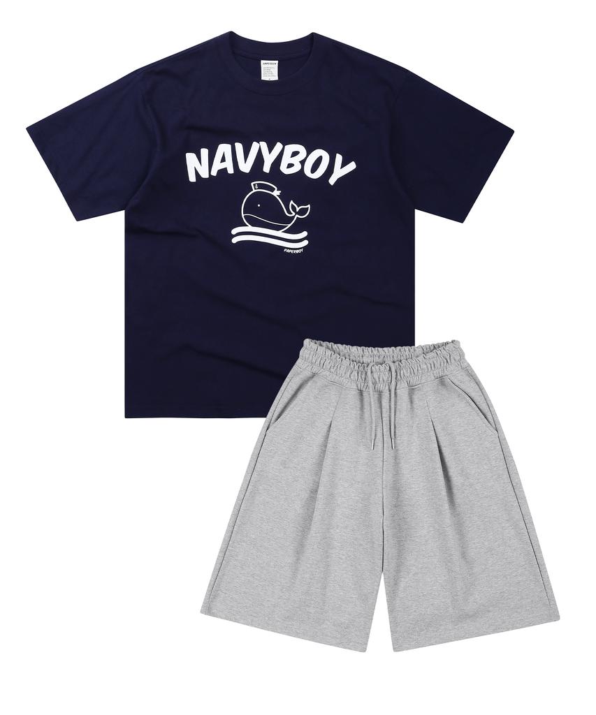 PAPERBOY [Set] Navy Boy Short Sleeve Half Pants Set-White