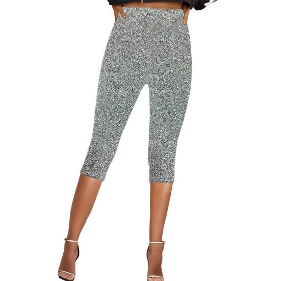 Women Cropped Pants Elastic High Waist Skinny Fit Shiny Sequins Pants Vacation Travel Work Casual Pants