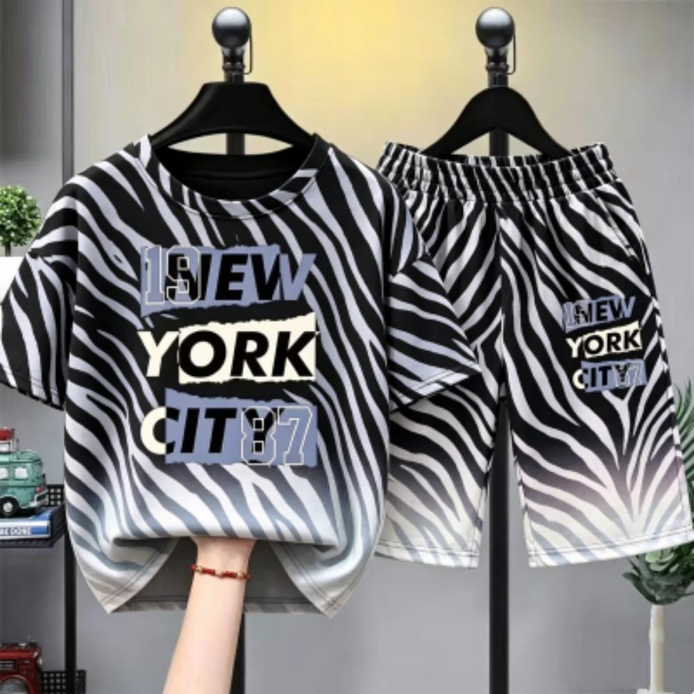 Fashion Personalized Colorful Stripes Letter Printed Men's T-shirt and Shorts 2 Piece Set Summer Casual Outfit for Men's and Women's T-shirt Set