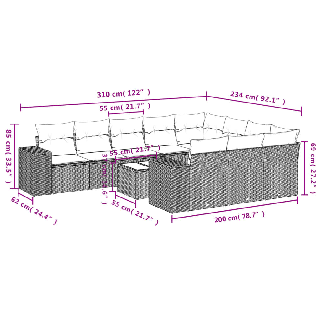 Vidaxl 11-Cz. Garden Furniture Set With Cushions, Brown, PE Rattan
