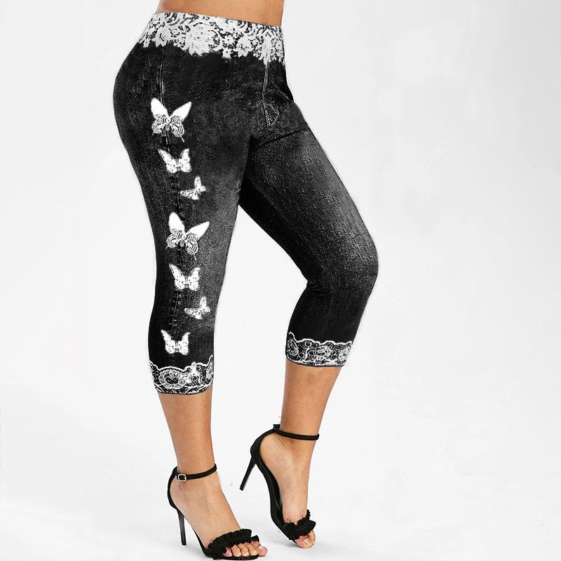Damer i stor storlek Vår/sommar Mode Fritidsbyxor Elastiskt fjärilstryck Tight Casual Capris