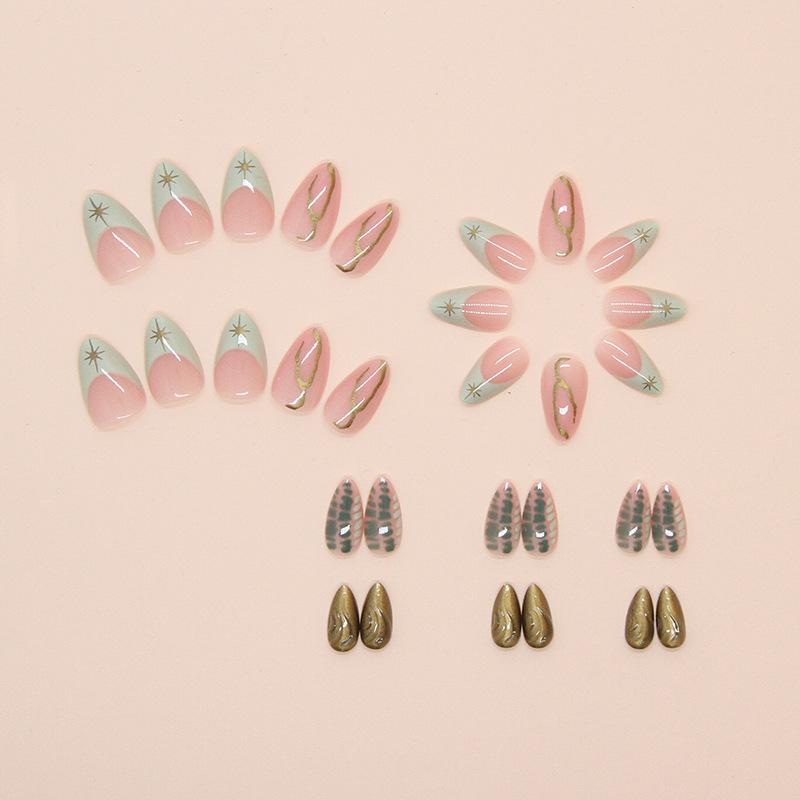 Fake Nail Wearing Nail French Light Green Removable Nail Art Piece Star Simple Line Nail Patch 30 Pieces