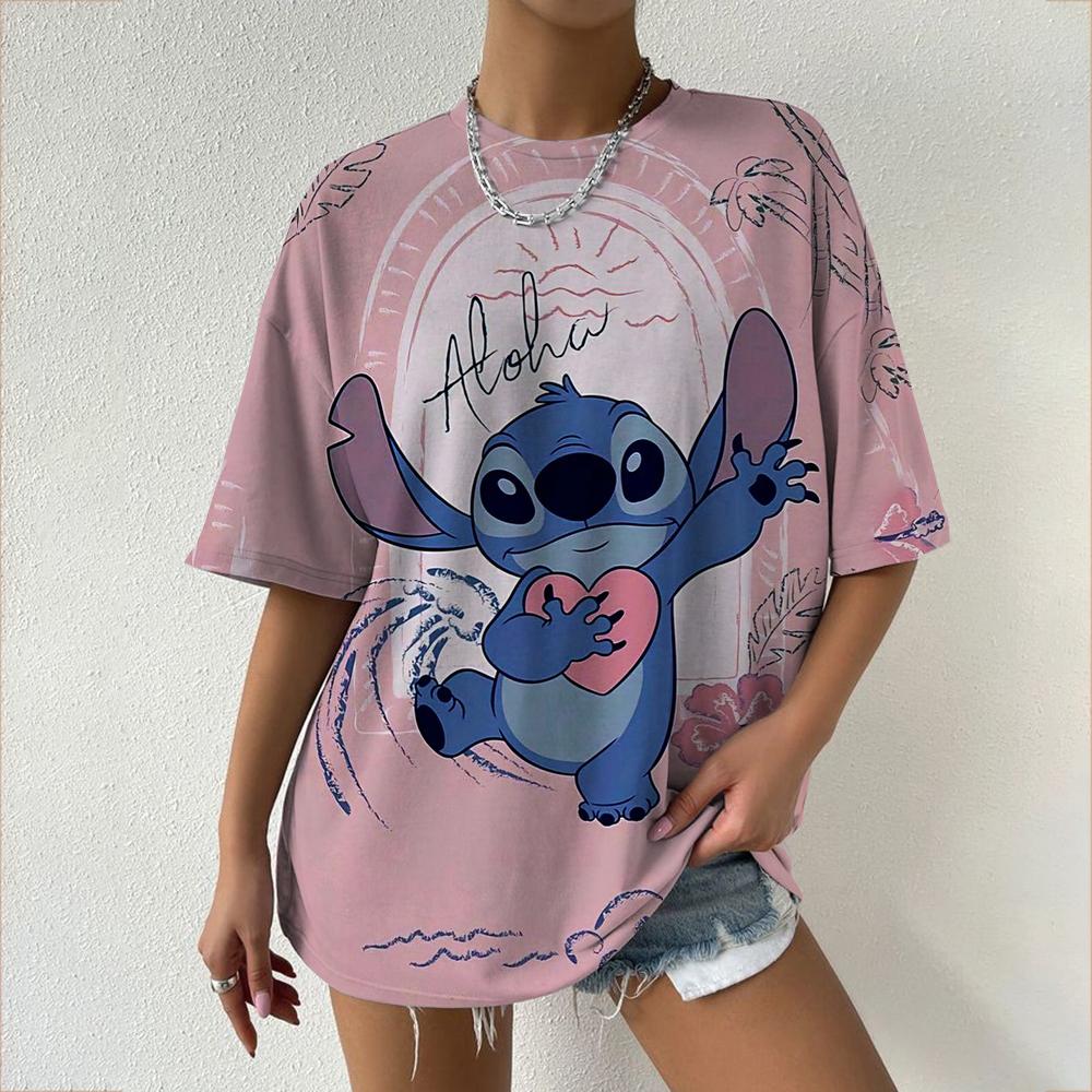 Kawaii koszulka damska Disney Lilo&Stitch casualowa koszulka Y2k z okrągłym dekoltem z krótkim rękawem 2025 letnia odzież damska