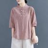 Women's Pure Cotton Clearance Retro Buttoned Cotton and Linen Mid-sleeve Shirt Chinese Style Stand Collar Top