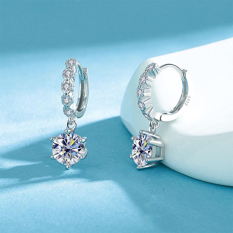 925 Sterling Silver Moissanite Six-Prong Stud Earrings, 18k White Gold, VVS1 Clarity, Super Shiny