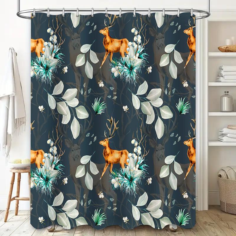 Vintage-inspired bath curtain featuring a deer motif with green foliage perfect for adding an elegant touch to any bathroom
