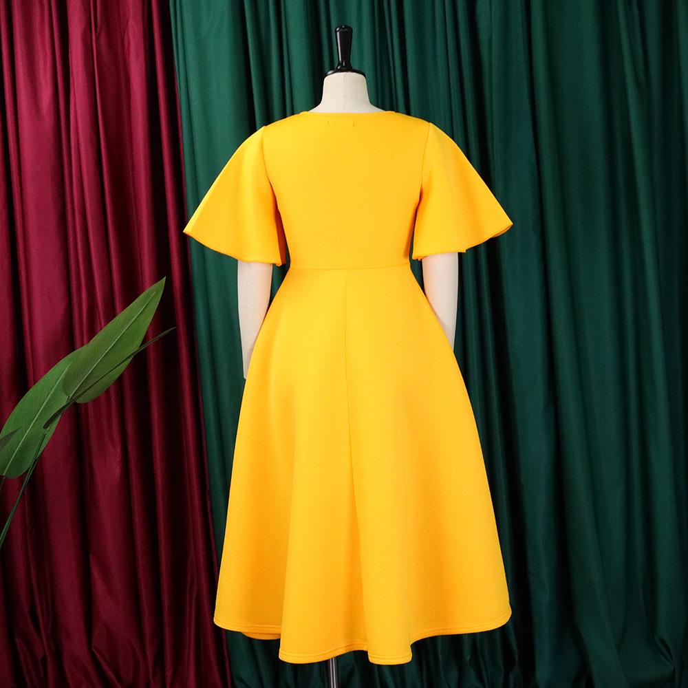 Summer Women's Dress Plus Size Flared Sleeve V-Neck Fashion Temperament Large Skirt Hem Dresses