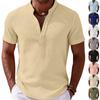 Men's Short Sleeve Linen Cotton Shirt Button Placket Casual Lightweight Breathable Summer Top with Stand Collar Relaxed Fit