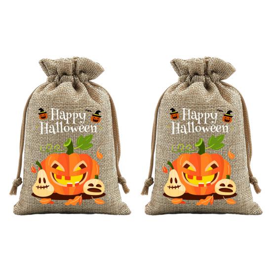 Halloween Party Supplies 2Pcs Pumpkin Drawstring Bags for Candy Treats, Retro Burlap Handmade Style Trick or Treat Bags, Portable Goodie Kids