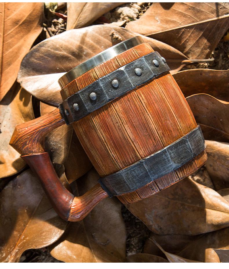 Creative Handmade Wooden Barrel-Style Stainless Steel Beer Mug, Large Capacity