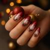 24Pcs Red Glitter Christmas Leaf Pattern Short Oval Press On Nails Fake Nail Tips Set