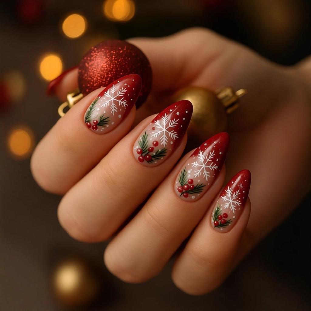 24Pcs Red Glitter Christmas Leaf Pattern Short Oval Press On Nails Fake Nail Tips Set