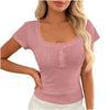 Women Short Sleeve Ribbed Knit Top Lace Trim Square Neck Button Casual Fitted T Shirt Blouse