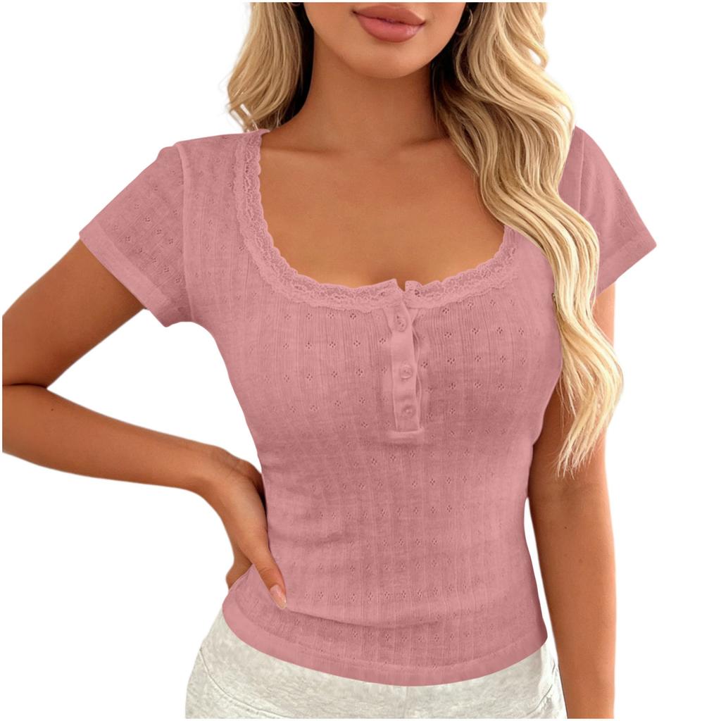 Women Short Sleeve Ribbed Knit Top Lace Trim Square Neck Button Casual Fitted T Shirt Blouse