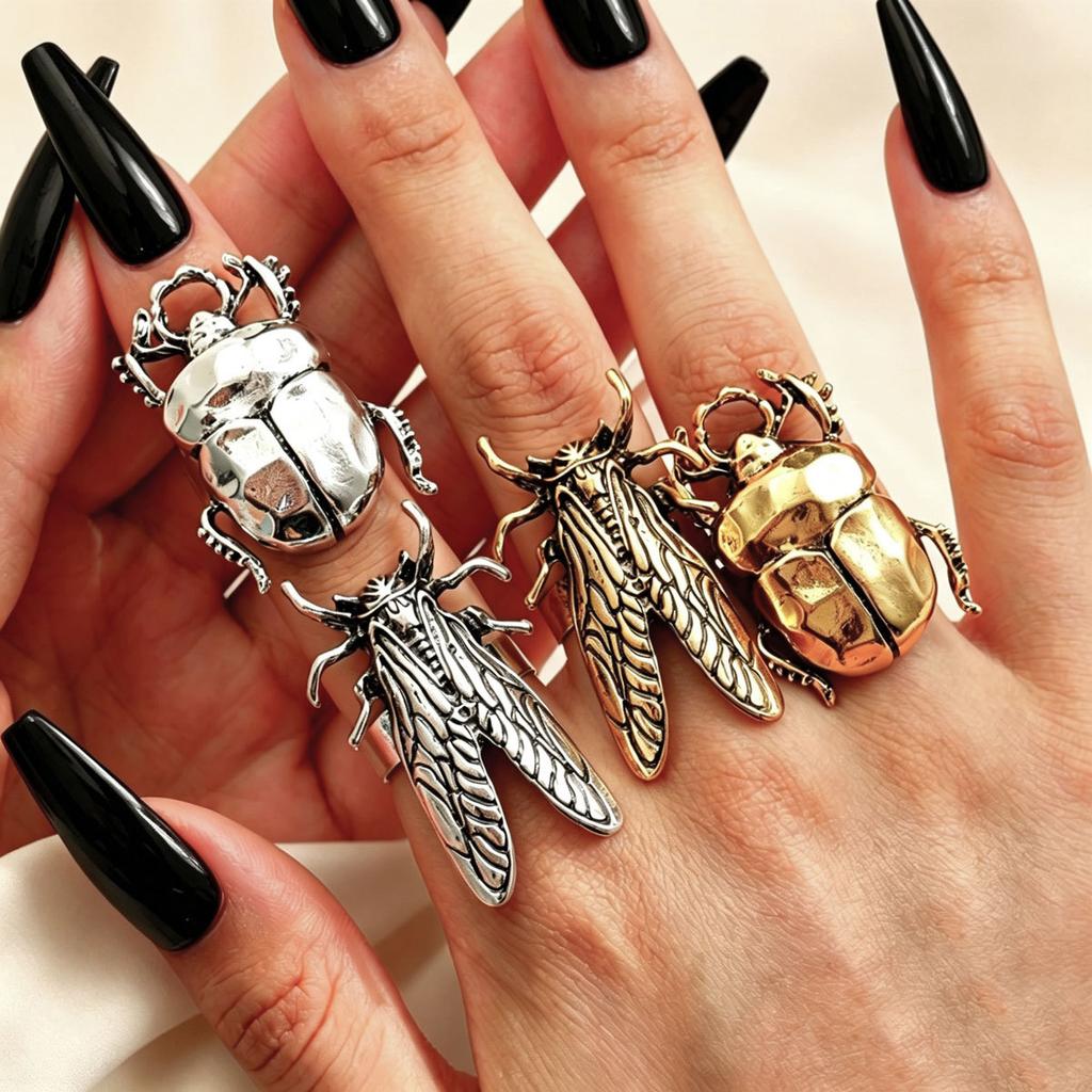 New Personality Insect Metal Ring for Women Men Exaggerated Big Animal Beetle Cicada Finger Ring Punk Hip-Hop Daily Jewelry Gift