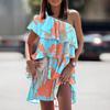 Ein neues Sommer-Off-Shoulder-Druck-Farbblock-Rüschen-Modisches Freizeitkleid