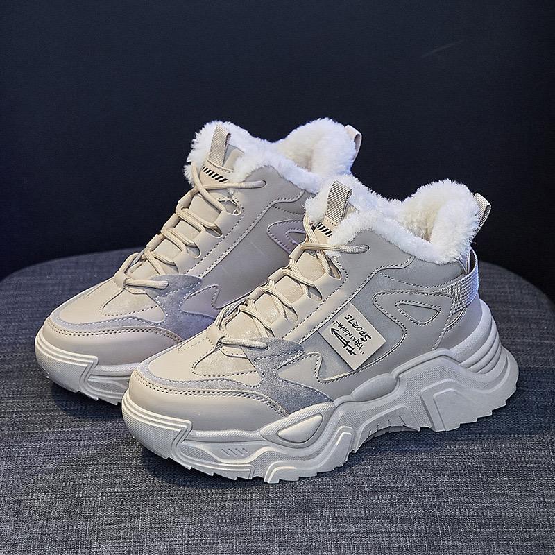 Women Velvet High Top Shoes Winter Fashion Thick Soled Lace Up Sports Sneakers Anti Slip Warm Cotton Shoes