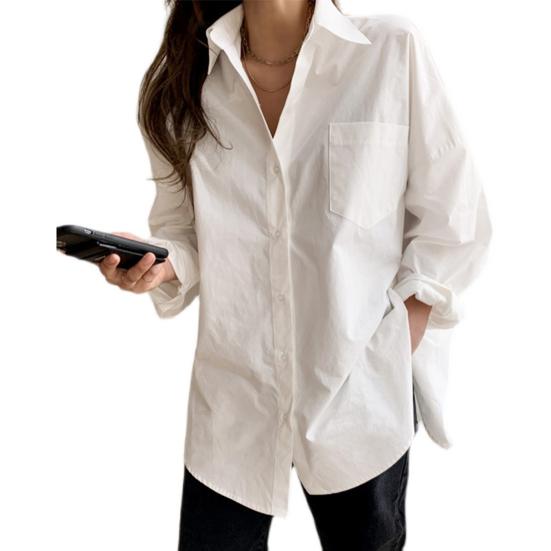 Chemise à revers à manches longues pour femmes, fermeture boutonnée avec poches plaquées, coupe ample, couleur unie, chemise décontractée, vêtements de travail
