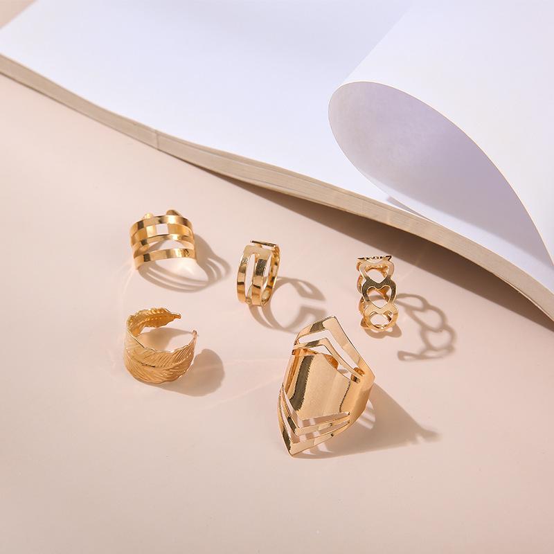 5pcs/set Women Retro Leaves Heart-shaped Geometrical Hollow Knuckle Ring Punk Style Girls Gift Jewelry Accesspries