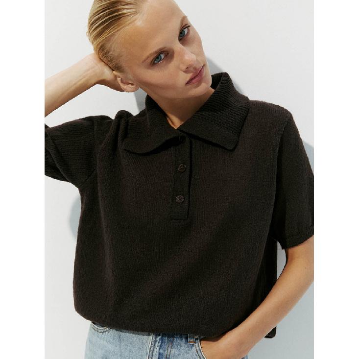 Summer New Collar Hollow Knitted Short Sleeved Sweater Women'S Bubble Sleeve T-Shirt Female Simple Knitted Sweater