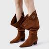 Mode Design Personnalisé Fermeture Éclair Arrière Pointu Talon Bas Bottes Plissées Paresseuses Européen Américain Rétro Western Cowboy Bottes à Talons Épais