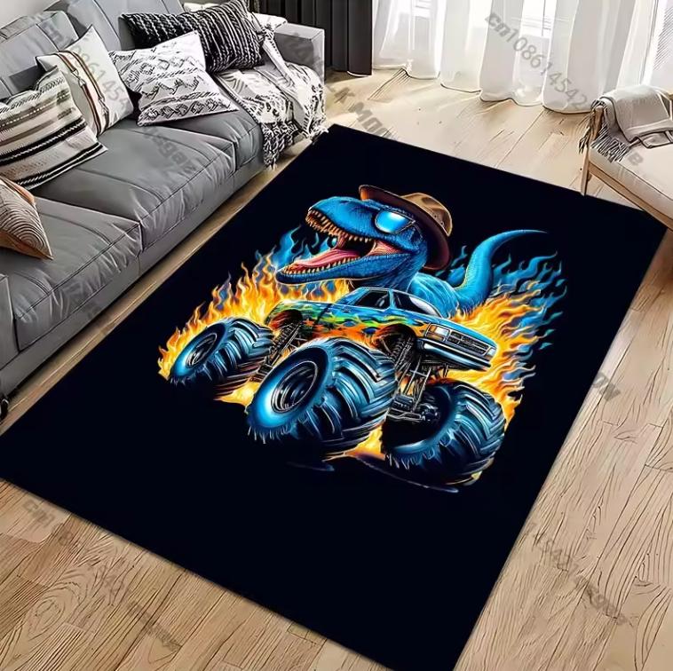 Neon Graffiti Dinosaur Truck Non-Slip Area Rug, Machine Washable Kids Playroom Floor Mat, Colorful Home Decor Entryway Carpet