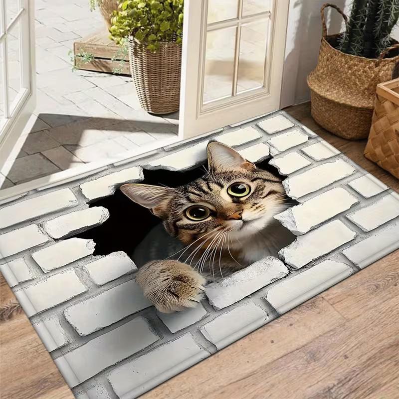 Cat Illusion Hole Design Door Mat Interesting Decorative Bedroom Living Room Bathroom Entrances Non Slip Surface Area Floor Mat
