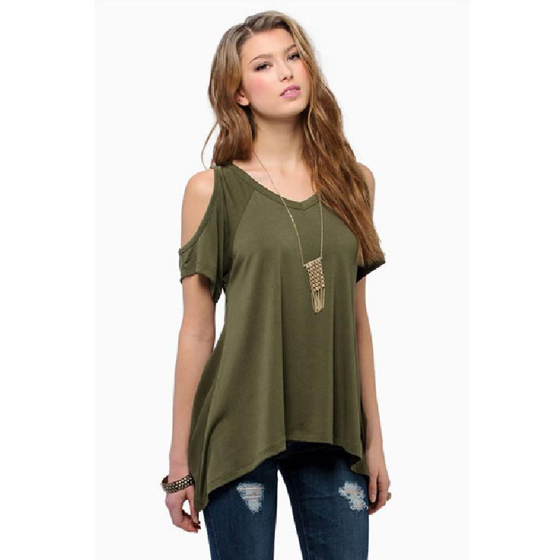 Chic Polyester Blend Ronde Hals Off-shoulder Vleermuismouw T-shirt Voor Nachtclub