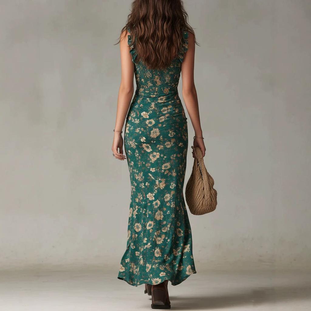 Women's Sleeveless V Neck Floral Print Midi Dress with Ruffle and Side Slit