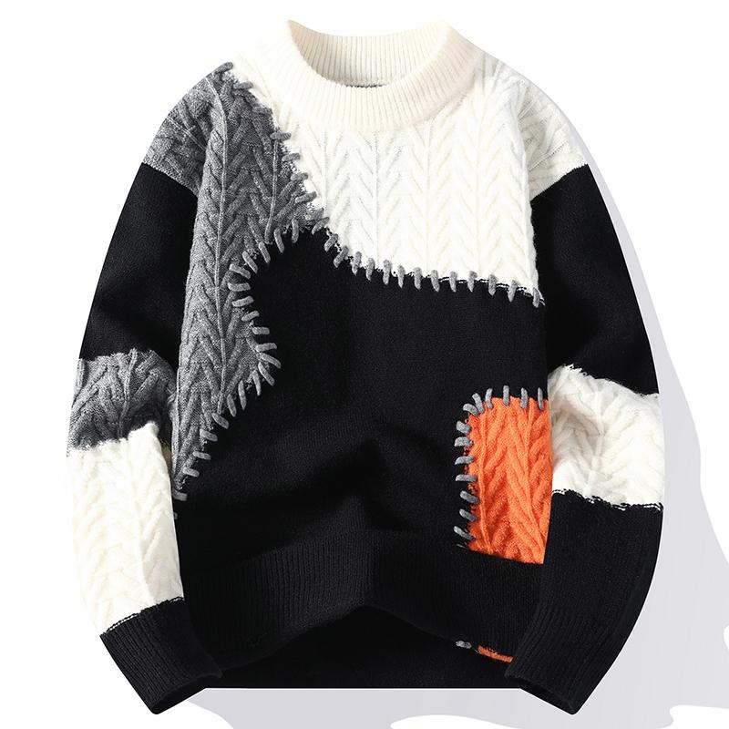 Men's Clothing Autumn Winter Round Neck Pullover Lantern Long Sleeve Contrast Color Screw Thread Sweater Knitted Casual Tops