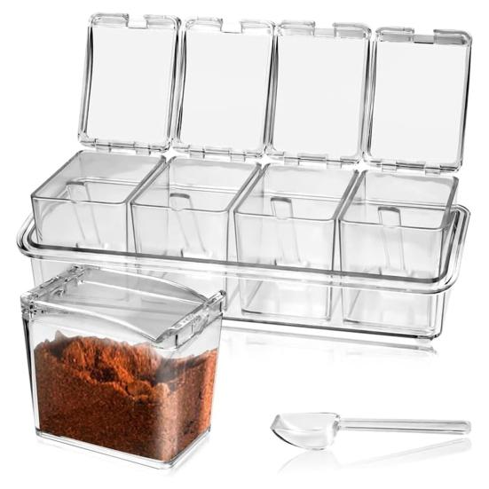 Ensemble de récipients à épices transparents avec couvercles et cuillère 4-en-1 Organisateur de cuisine pour sel sucre poivre Bocaux de rangement hermétiques pour garde-manger