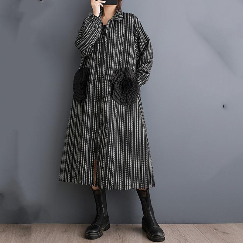 Långärmad Plus size vintage blommig rand nyinkommen klänningar för kvinnor avslappnad lös vår höst Skjortklänning