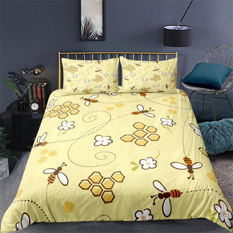 Housse de couette Abeille Cartoon Joli Thème Animaux Volants Jaunes pour Enfants Garçons Filles Cadeaux Femmes Belles Fleurs Décoration de Chambre