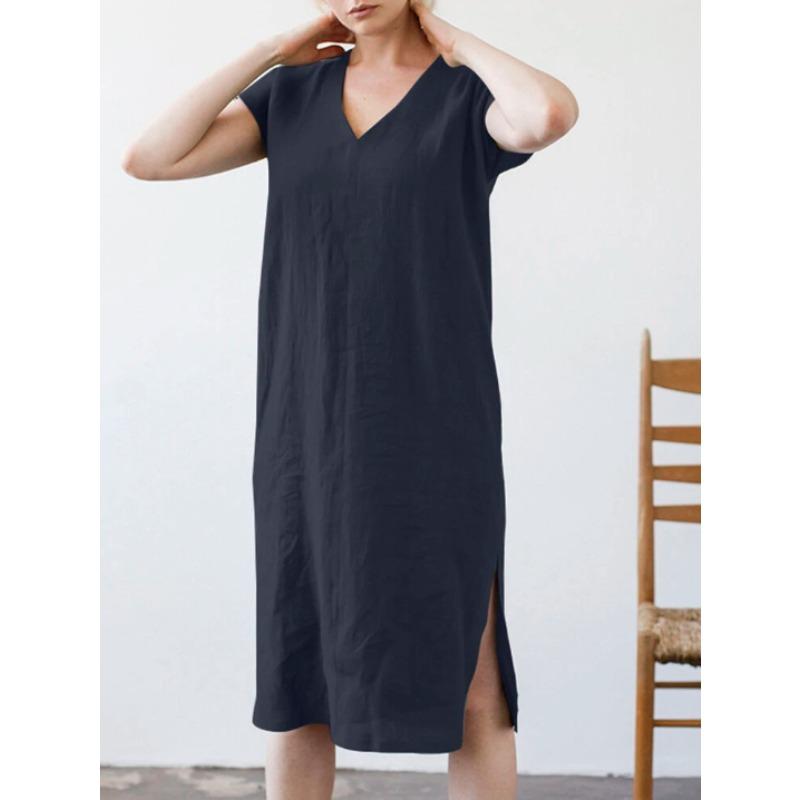 IHUASU Fashion Summer Spring Solid Color Print Short Sleeve V-Neck Casual Dresses