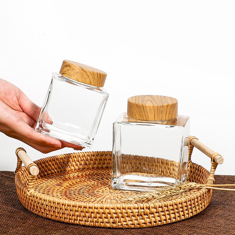 Thickened Flat Square Wood Grain Glass Bottle for Honey or Jam