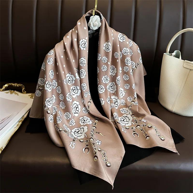 90*90cm Hair Scarf Women Shawls Fashion Beach Silk Scarves Luxury Kerchief Popular Print Square Bandannas Foulard Headscarf